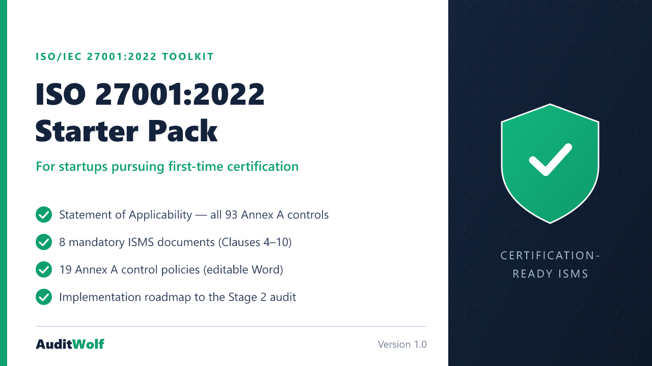 AuditWolf ISO 27001:2022 Starter Pack — Statement of Applicability, ISMS documents and 19 policies